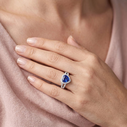 Natural Real ( Not Lab Grown )  White Gold Halo Wedding Ring Heart Sapphire Double Shank 3.50 Carats