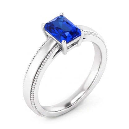 Natural Real ( Not Lab Grown )  White Gold Men's Ring Solitaire Ceylon Sapphire 1.50 Ct Milgrain Shank