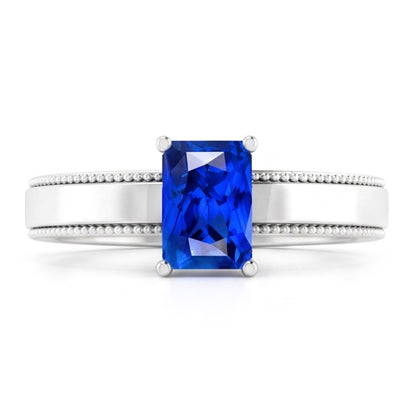 Natural Real ( Not Lab Grown )  White Gold Men's Ring Solitaire Ceylon Sapphire 1.50 Ct Milgrain Shank