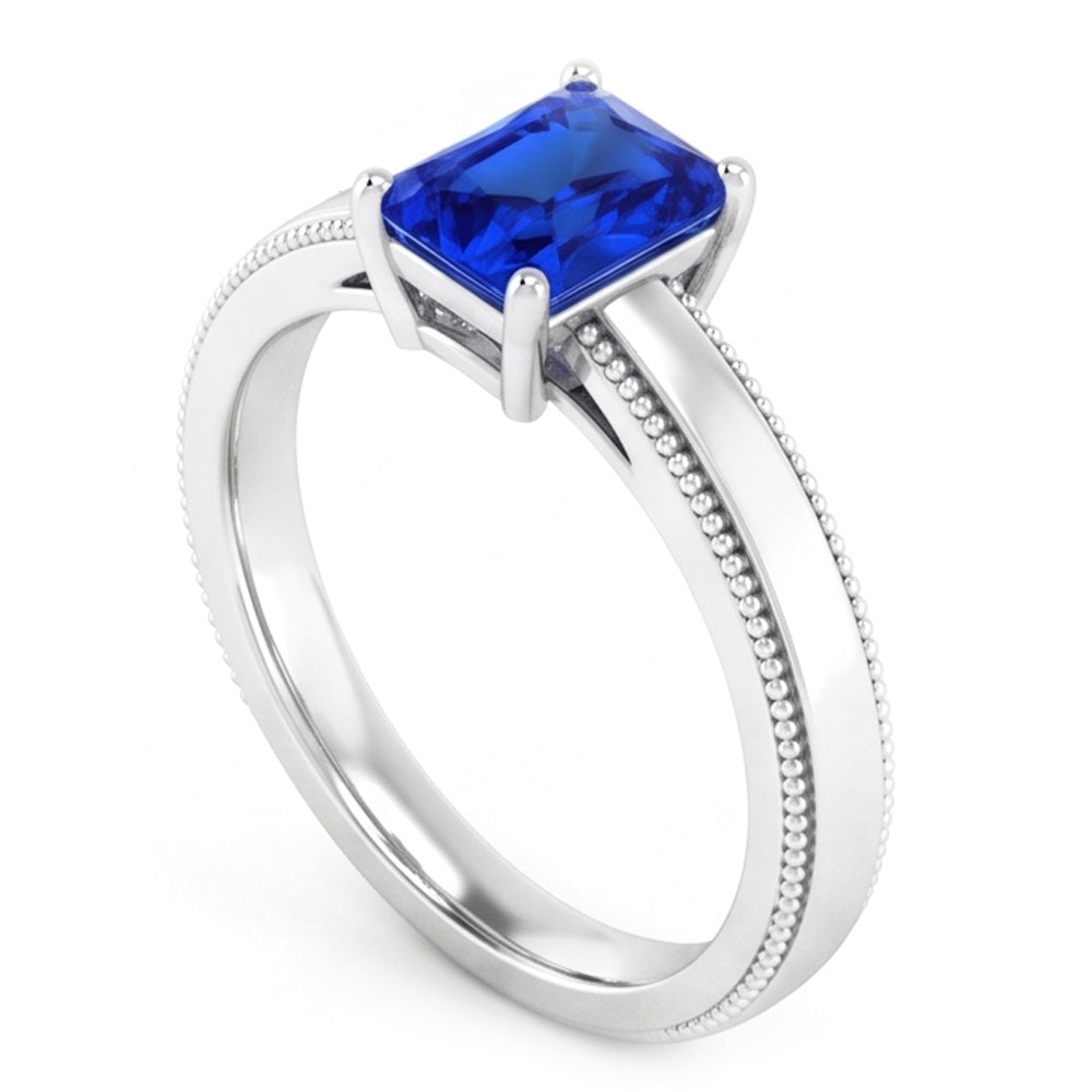 Natural Real ( Not Lab Grown )  White Gold Men's Ring Solitaire Ceylon Sapphire 1.50 Ct Milgrain Shank