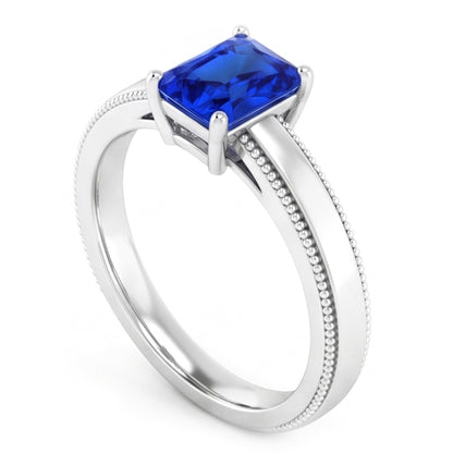 Natural Real ( Not Lab Grown )  White Gold Men's Ring Solitaire Ceylon Sapphire 1.50 Ct Milgrain Shank