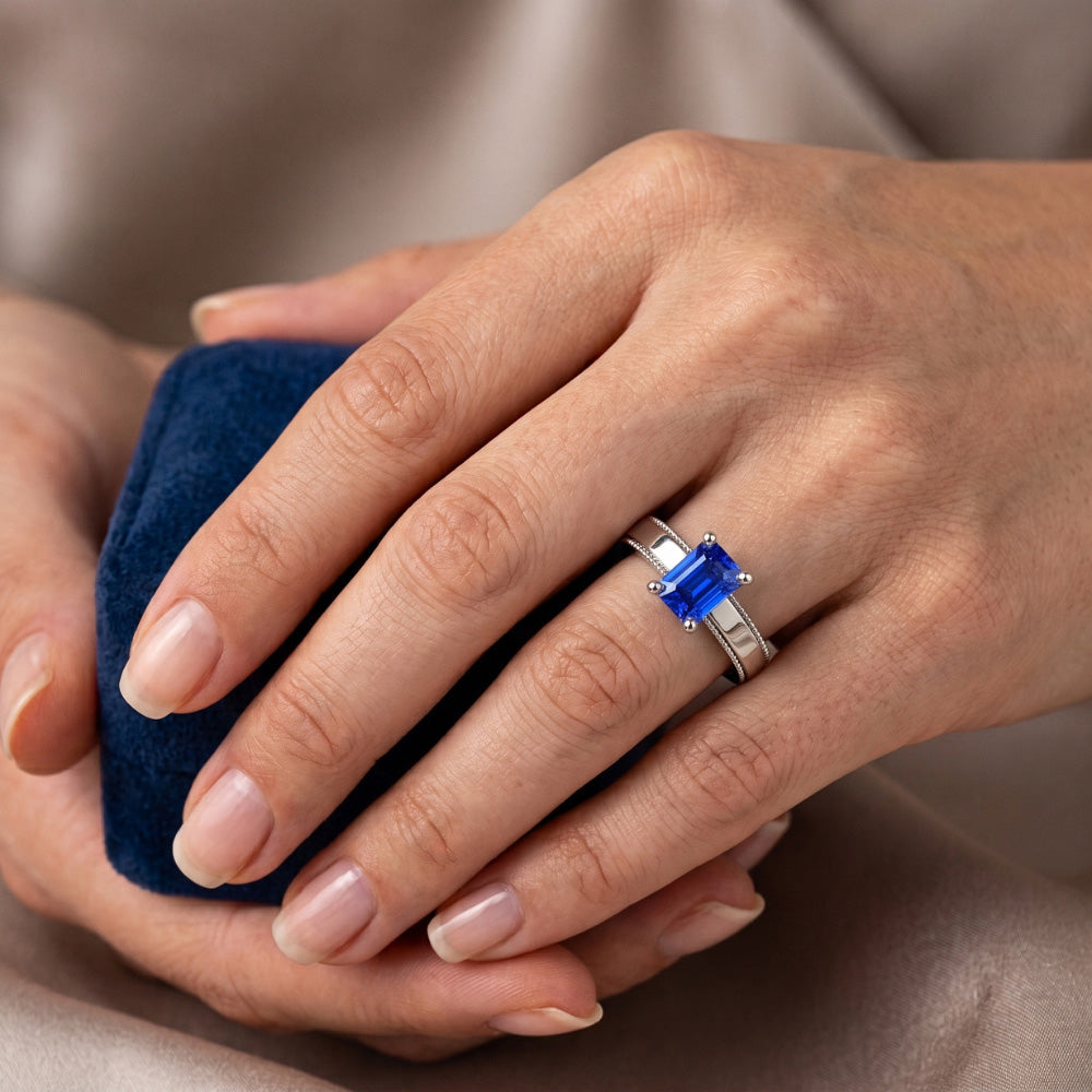 Natural Real ( Not Lab Grown )  White Gold Men's Ring Solitaire Ceylon Sapphire 1.50 Ct Milgrain Shank