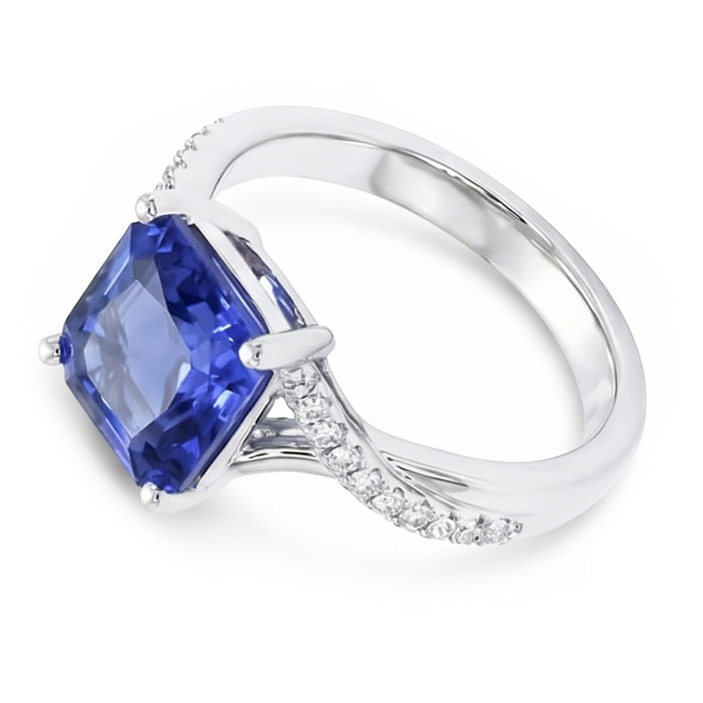 Natural Real ( Not Lab Grown )  White Gold Solitaire Blue Sapphire Ring With Accents 4.50 Carats