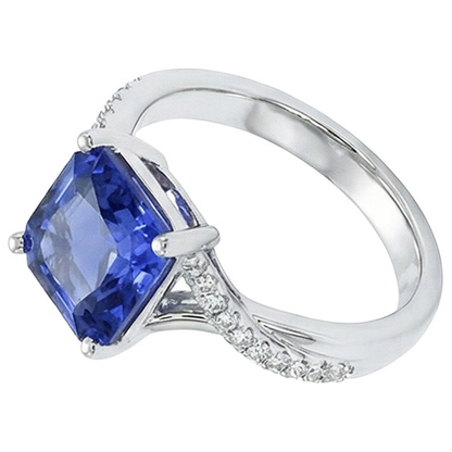 Natural Real ( Not Lab Grown )  White Gold Solitaire Blue Sapphire Ring With Accents 4.50 Carats