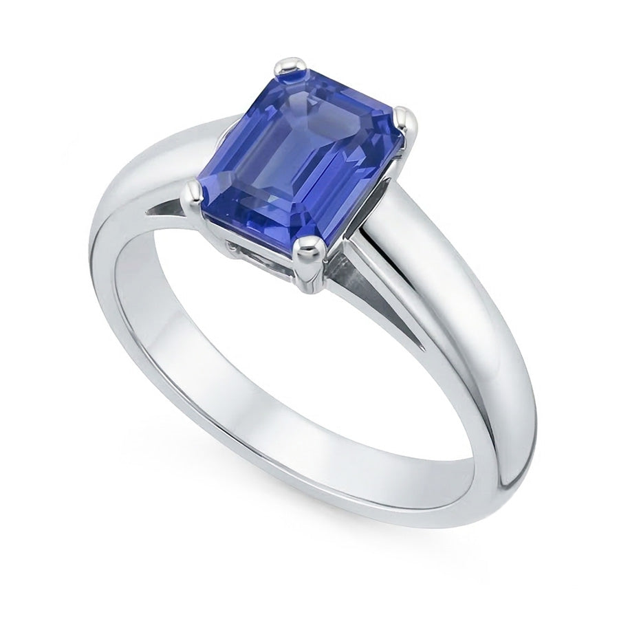 Natural Real ( Not Lab Grown )  White Gold Solitaire Emerald Cut Ceylon Sapphire Ring 1.50 Carats