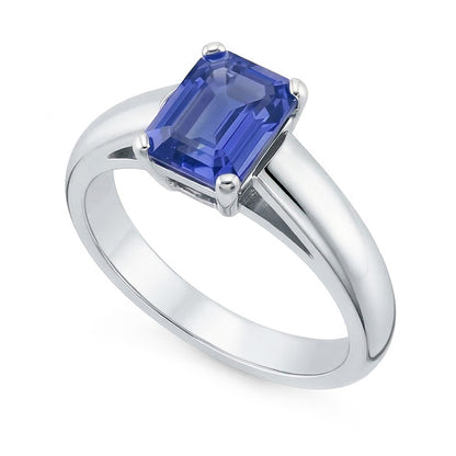 Natural Real ( Not Lab Grown )  White Gold Solitaire Emerald Cut Ceylon Sapphire Ring 1.50 Carats