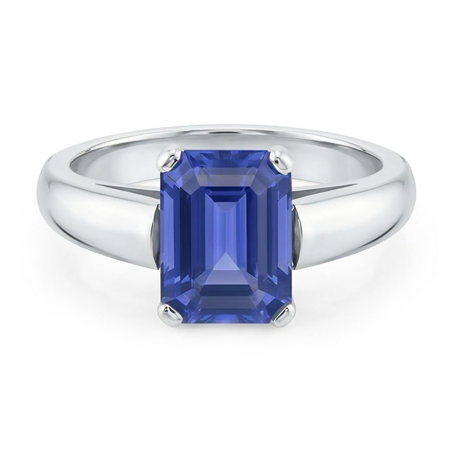 Natural Real ( Not Lab Grown )  White Gold Solitaire Emerald Cut Ceylon Sapphire Ring 1.50 Carats