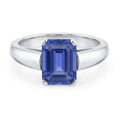 Natural Real ( Not Lab Grown )  White Gold Solitaire Emerald Cut Ceylon Sapphire Ring 1.50 Carats