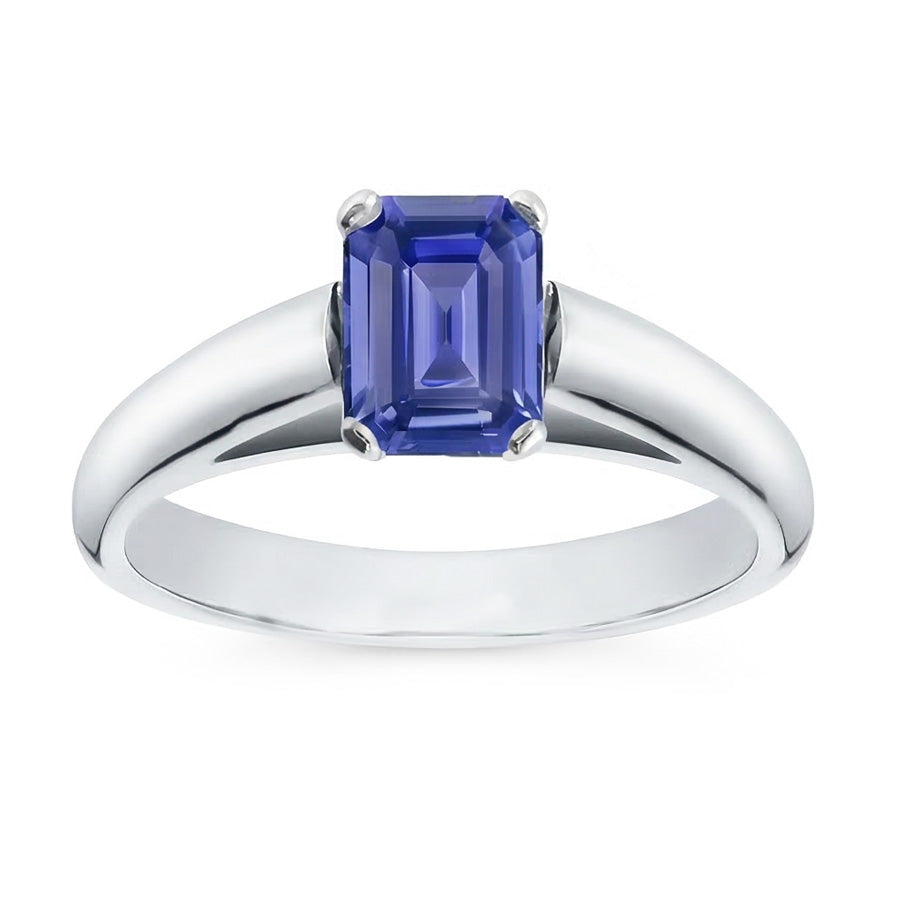 Natural Real ( Not Lab Grown )  White Gold Solitaire Emerald Cut Ceylon Sapphire Ring 1.50 Carats