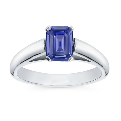 Natural Real ( Not Lab Grown )  White Gold Solitaire Emerald Cut Ceylon Sapphire Ring 1.50 Carats