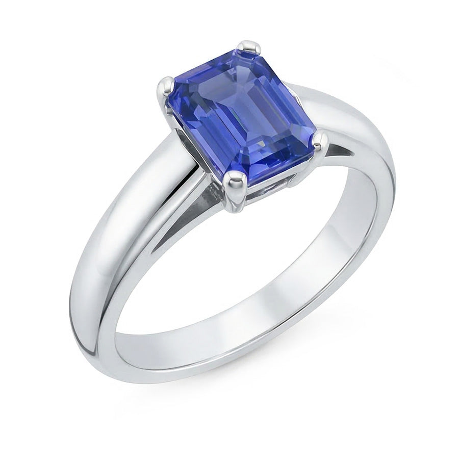 Natural Real ( Not Lab Grown )  White Gold Solitaire Emerald Cut Ceylon Sapphire Ring 1.50 Carats