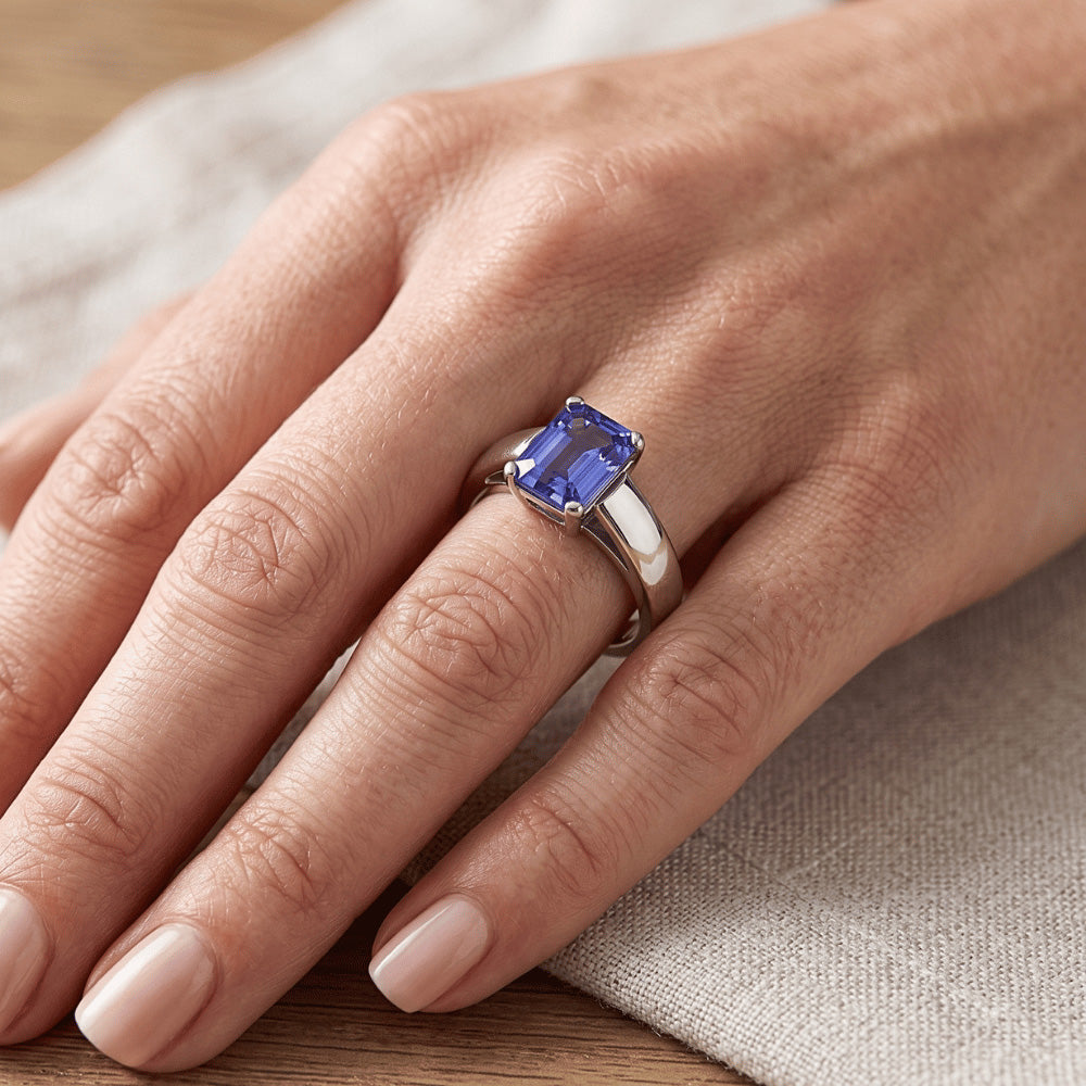 Natural Real ( Not Lab Grown )  White Gold Solitaire Emerald Cut Ceylon Sapphire Ring 1.50 Carats