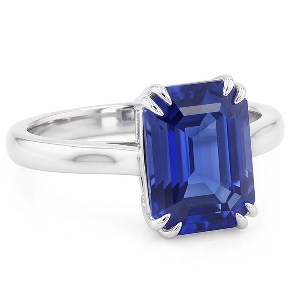 Natural Real ( Not Lab Grown )  White Gold Solitaire Emerald Shaped Ring Ceylon Sapphire 2.50 Carats