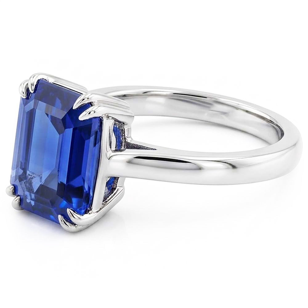 Natural Real ( Not Lab Grown )  White Gold Solitaire Emerald Shaped Ring Ceylon Sapphire 2.50 Carats