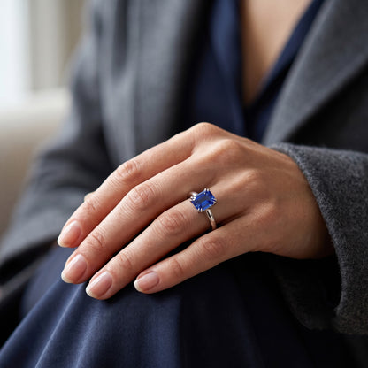 Natural Real ( Not Lab Grown )  White Gold Solitaire Emerald Shaped Ring Ceylon Sapphire 2.50 Carats