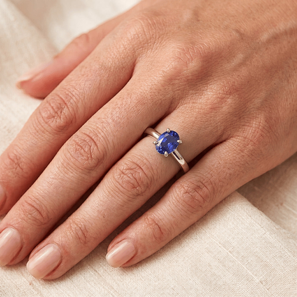 Natural Real ( Not Lab Grown )  White Gold Solitaire Oval Shaped Ceylon Sapphire Ring 1.50 Carats