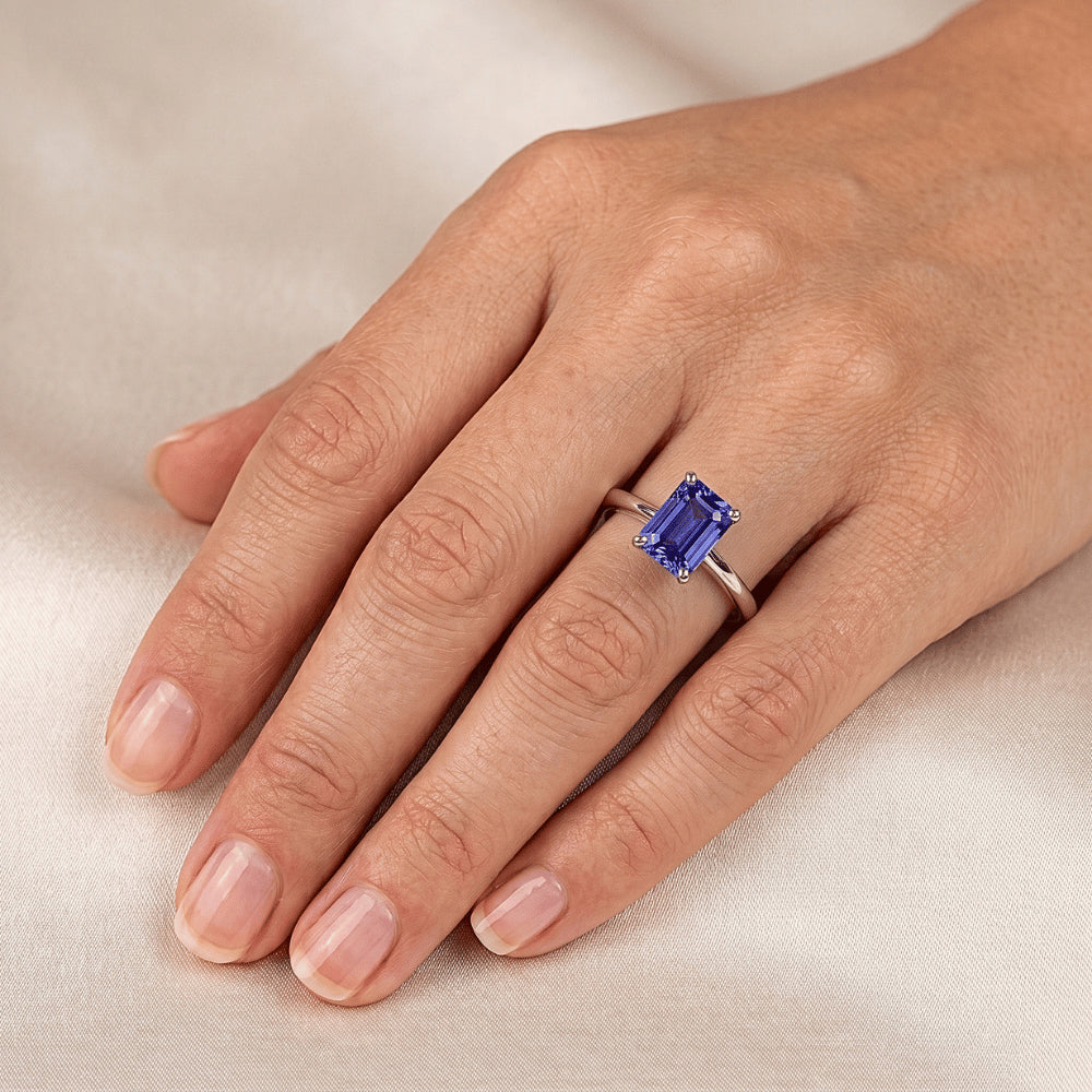Natural Real ( Not Lab Grown )  White Gold Solitaire Ring 2 Carats Emerald Cut Srilanka Sapphire