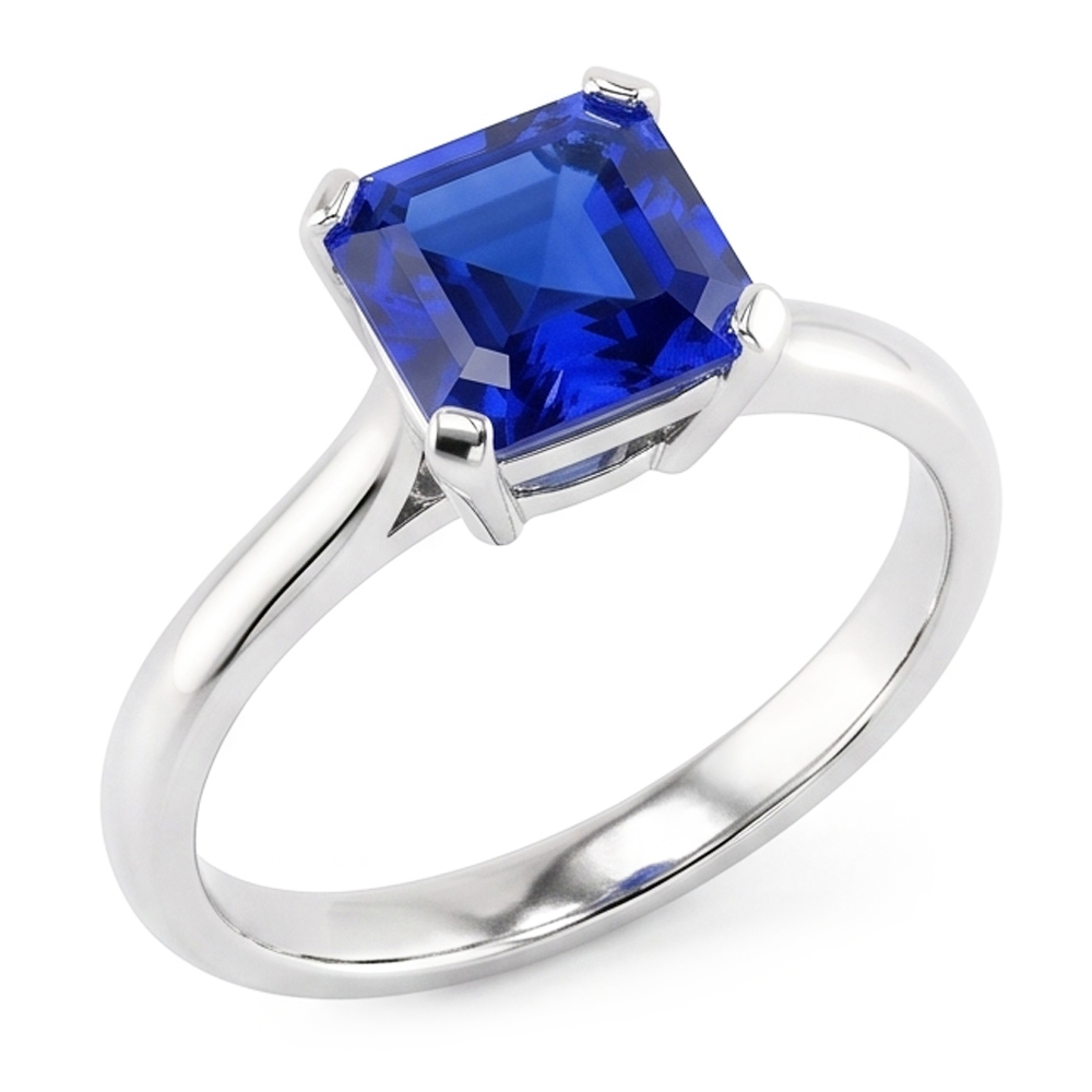 Natural Real ( Not Lab Grown )  White Gold Solitaire Ring Blue Sapphire Asscher Cut 2 Carats