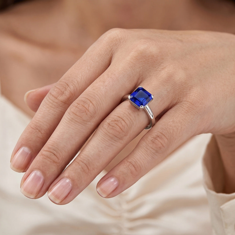 Natural Real ( Not Lab Grown )  White Gold Solitaire Ring Blue Sapphire Asscher Cut 2 Carats