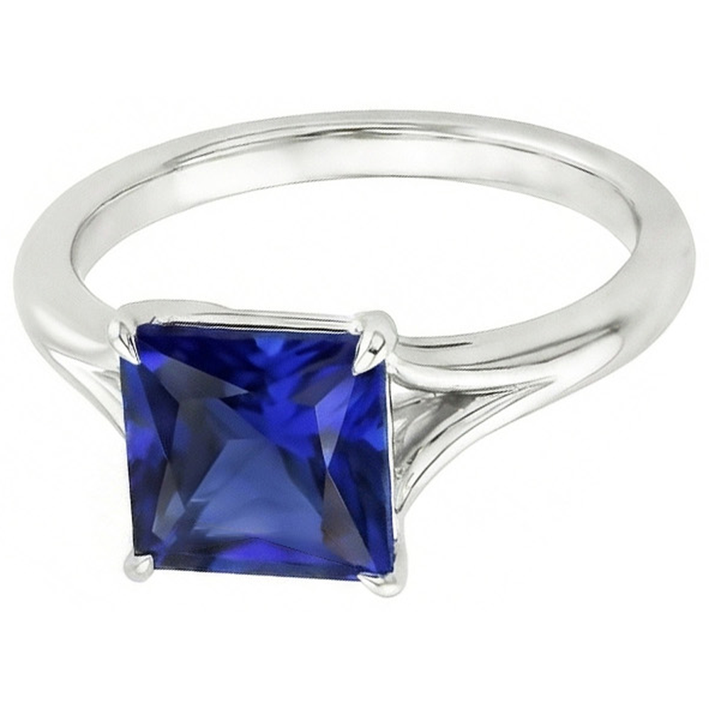 Natural Real ( Not Lab Grown )  White Gold Solitaire Ring Princess Blue Sapphire Split Shank 5 Carats