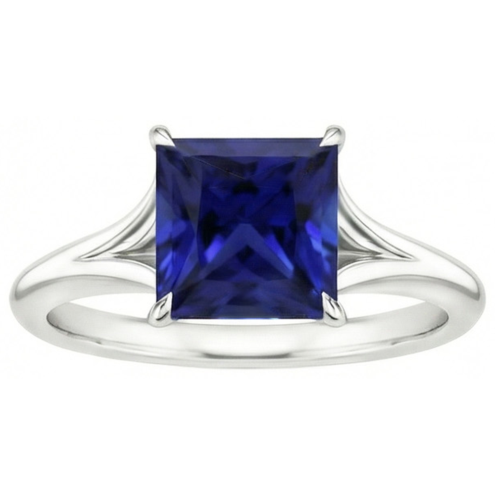 Natural Real ( Not Lab Grown )  White Gold Solitaire Ring Princess Blue Sapphire Split Shank 5 Carats