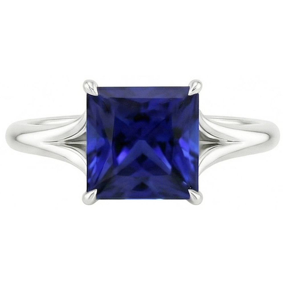Natural Real ( Not Lab Grown )  White Gold Solitaire Ring Princess Blue Sapphire Split Shank 5 Carats