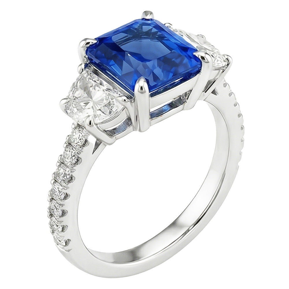 Natural Real ( Not Lab Grown )  Women Sapphire Ring Half Moon Round Accents 3 Stone Style 3.50 Carats