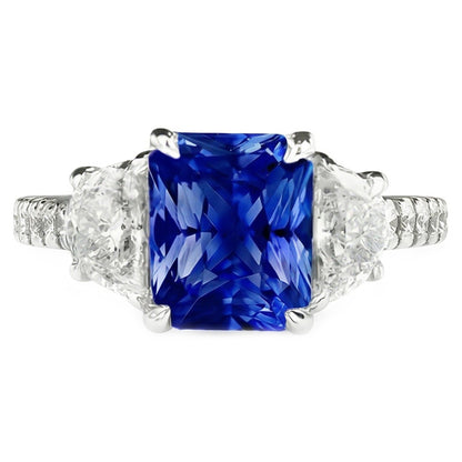 Natural Real ( Not Lab Grown )  Women Sapphire Ring Half Moon Round Accents 3 Stone Style 3.50 Carats