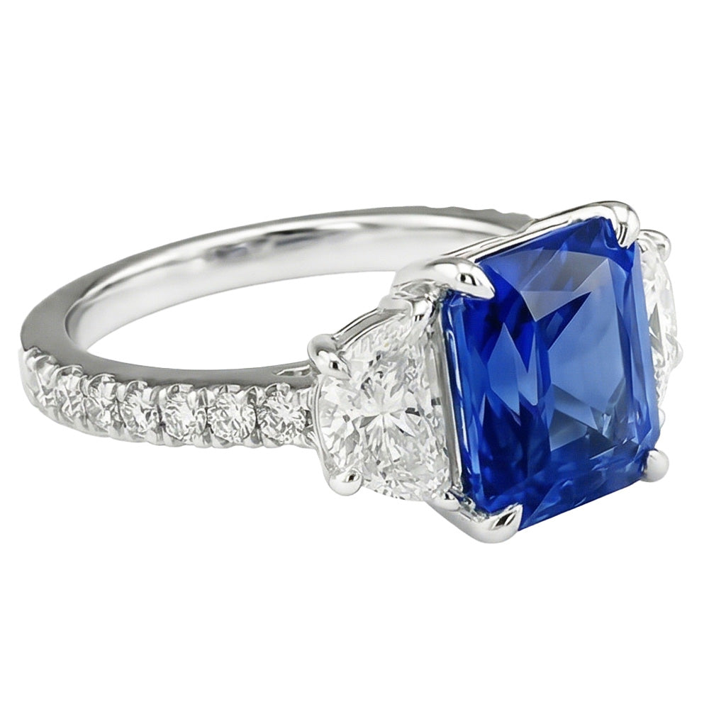 Natural Real ( Not Lab Grown )  Women Sapphire Ring Half Moon Round Accents 3 Stone Style 3.50 Carats