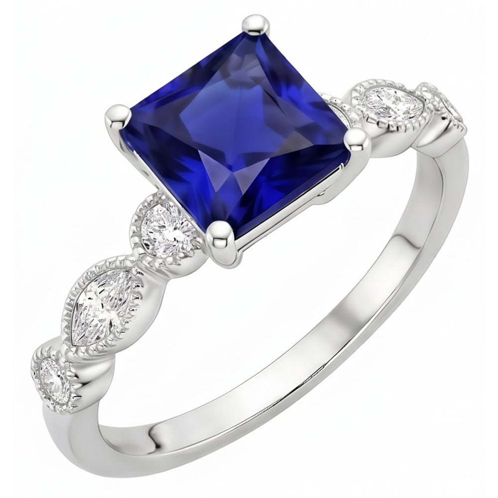 Natural Real ( Not Lab Grown )  Women Solitaire Blue Sapphire Ring With Accents Vintage Style 6 Carats