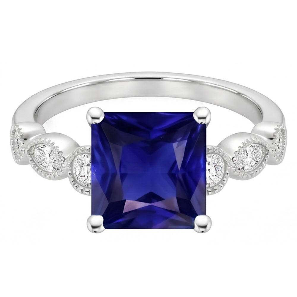 Natural Real ( Not Lab Grown )  Women Solitaire Blue Sapphire Ring With Accents Vintage Style 6 Carats