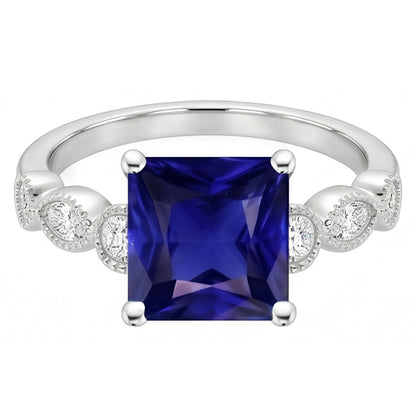 Natural Real ( Not Lab Grown )  Women Solitaire Blue Sapphire Ring With Accents Vintage Style 6 Carats