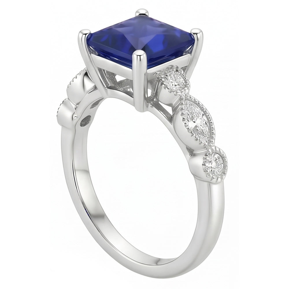 Natural Real ( Not Lab Grown )  Women Solitaire Blue Sapphire Ring With Accents Vintage Style 6 Carats