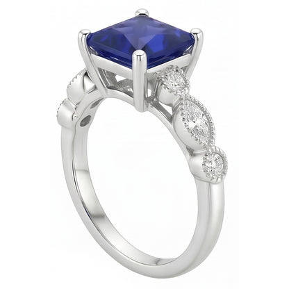 Natural Real ( Not Lab Grown )  Women Solitaire Blue Sapphire Ring With Accents Vintage Style 6 Carats