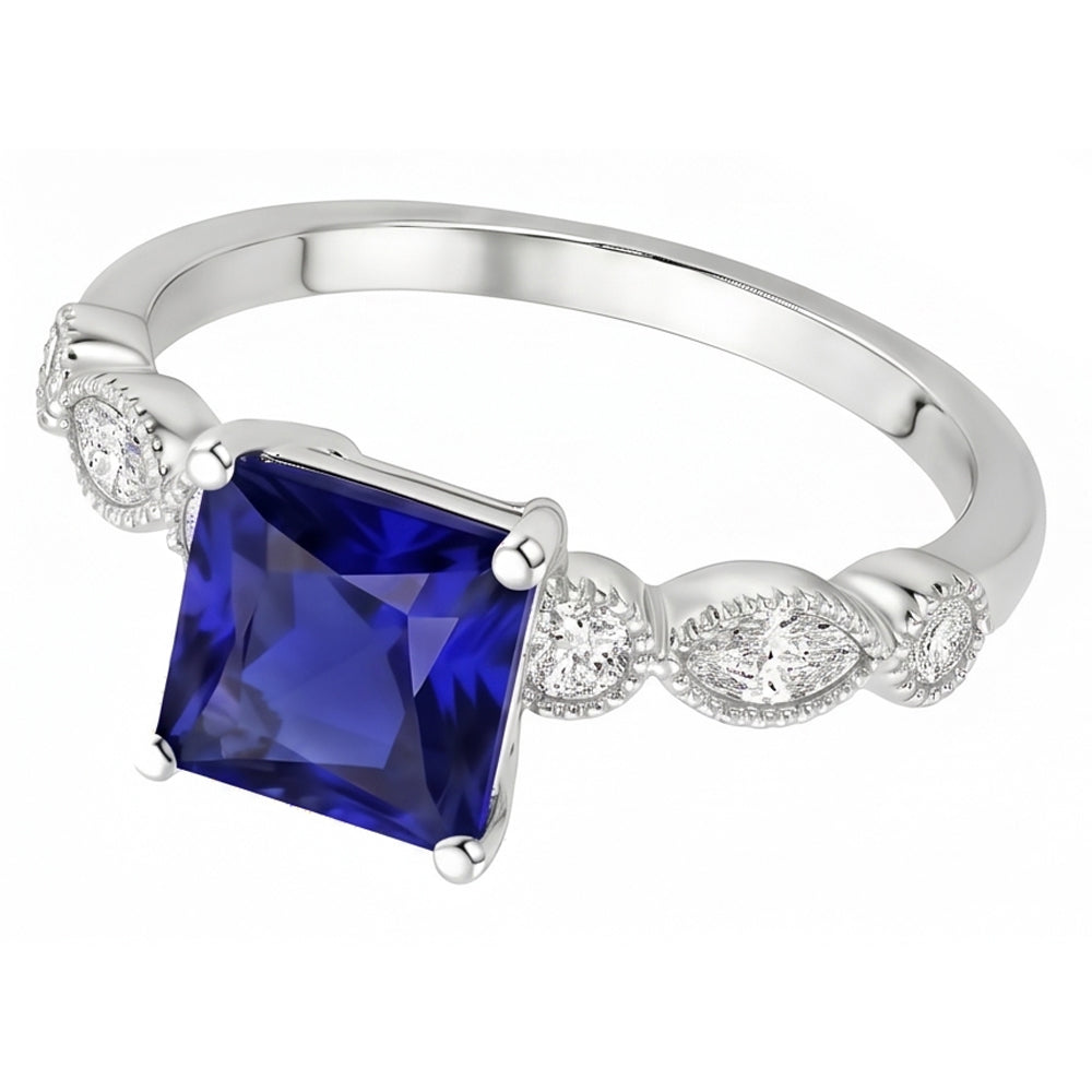 Natural Real ( Not Lab Grown )  Women Solitaire Blue Sapphire Ring With Accents Vintage Style 6 Carats