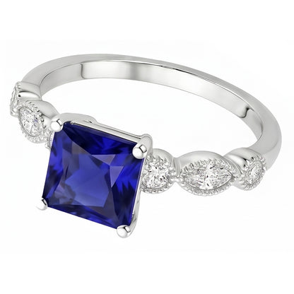 Natural Real ( Not Lab Grown )  Women Solitaire Blue Sapphire Ring With Accents Vintage Style 6 Carats