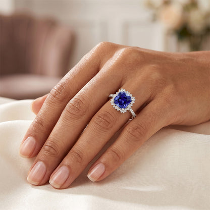 Natural Real ( Not Lab Grown )  Women's Ceylon Sapphire Halo Ring