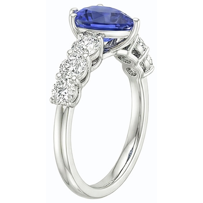 Natural Real ( Not Lab Grown )  Women's Gemstone Ring Pear Shaped Blue Sapphire With Accents 4 Carats