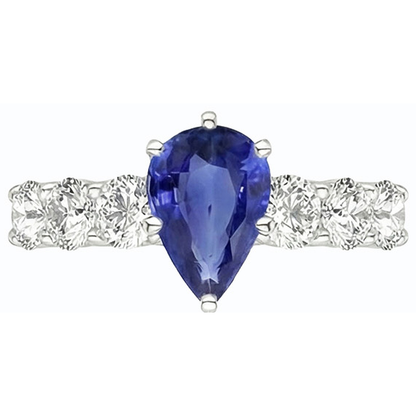 Natural Real ( Not Lab Grown )  Women's Gemstone Ring Pear Shaped Blue Sapphire With Accents 4 Carats