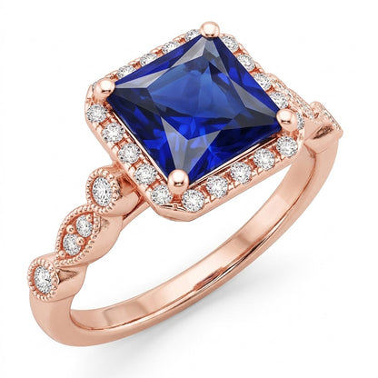Natural Real ( Not Lab Grown )  Women's Halo Gemstone Ring Princess Ceylon Sapphire 6 Carats Rose Gold