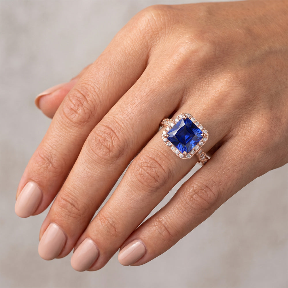Natural Real ( Not Lab Grown )  Women's Halo Gemstone Ring Princess Ceylon Sapphire 6 Carats Rose Gold