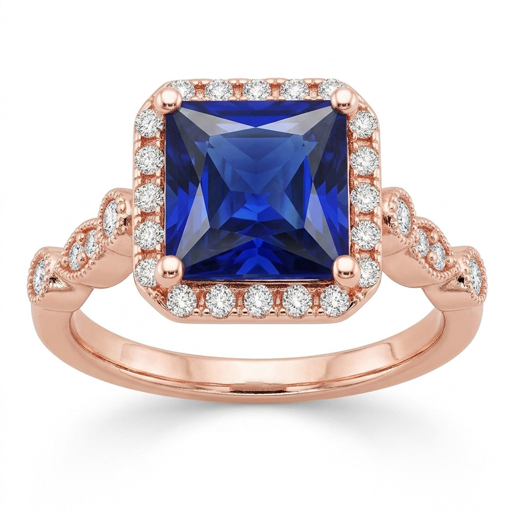 Natural Real ( Not Lab Grown )  Women's Halo Gemstone Ring Princess Ceylon Sapphire 6 Carats Rose Gold