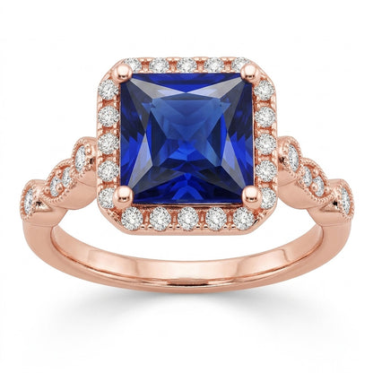 Natural Real ( Not Lab Grown )  Women's Halo Gemstone Ring Princess Ceylon Sapphire 6 Carats Rose Gold