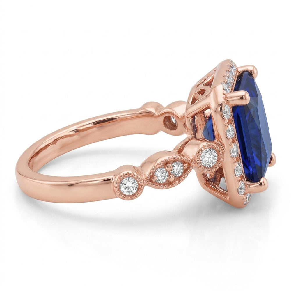 Natural Real ( Not Lab Grown )  Women's Halo Gemstone Ring Princess Ceylon Sapphire 6 Carats Rose Gold
