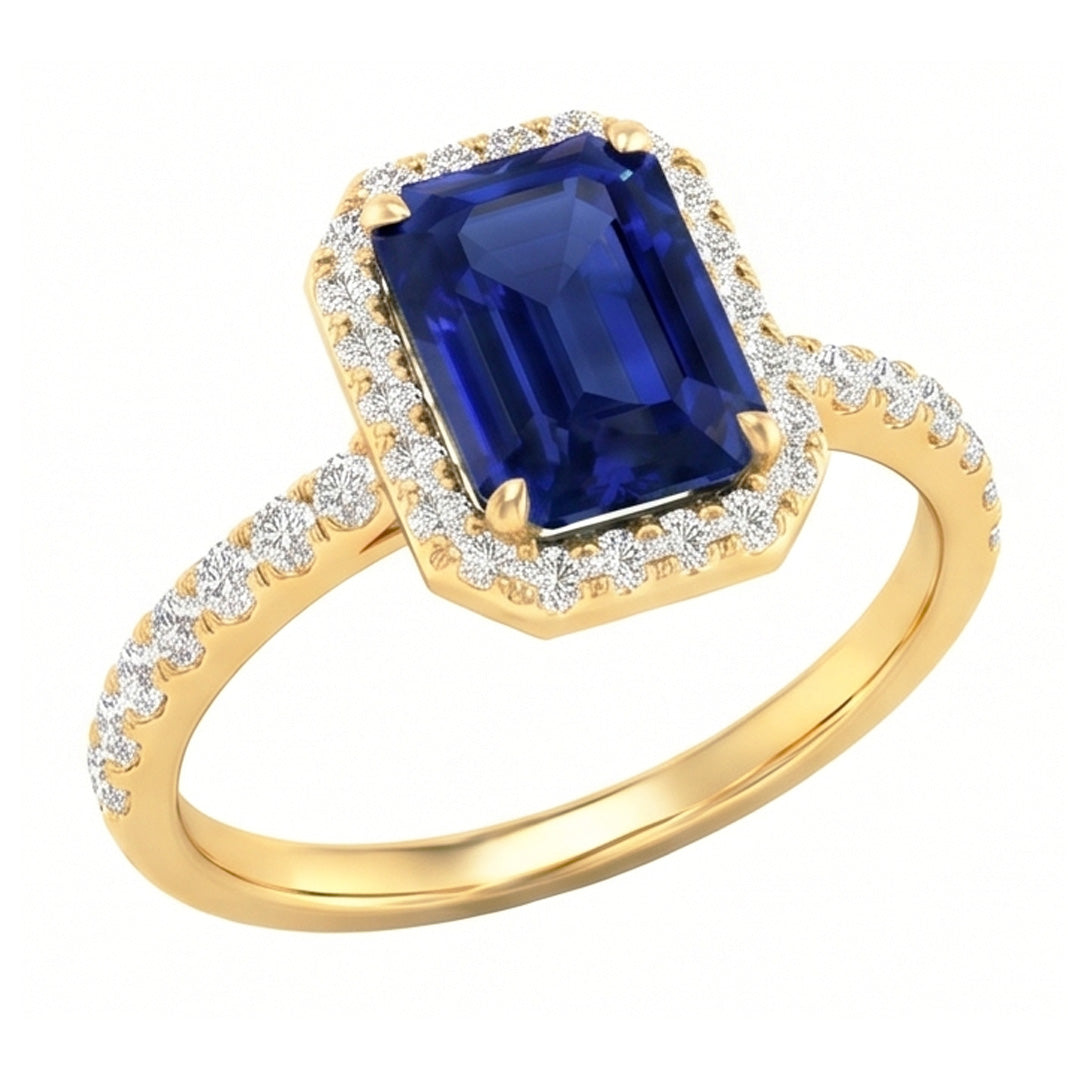 Natural Real ( Not Lab Grown )  Women's Halo Ring Emerald Cut Ceylon Sapphire With Accents 3.50 Carats