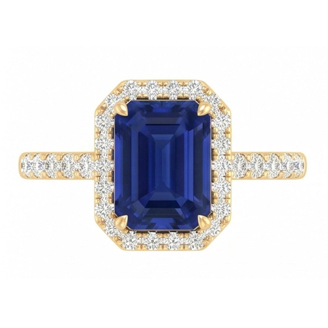 Natural Real ( Not Lab Grown )  Women's Halo Ring Emerald Cut Ceylon Sapphire With Accents 3.50 Carats