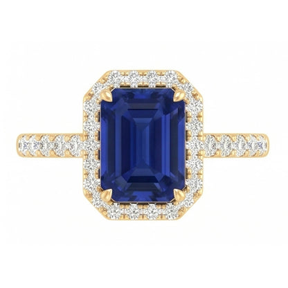 Natural Real ( Not Lab Grown )  Women's Halo Ring Emerald Cut Ceylon Sapphire With Accents 3.50 Carats