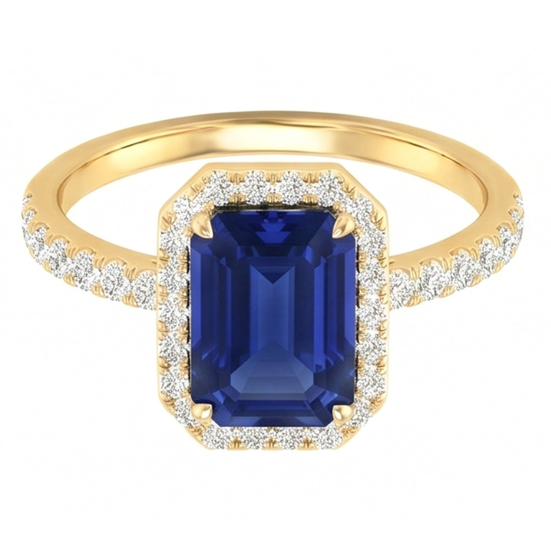 Natural Real ( Not Lab Grown )  Women's Halo Ring Emerald Cut Ceylon Sapphire With Accents 3.50 Carats