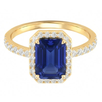 Natural Real ( Not Lab Grown )  Women's Halo Ring Emerald Cut Ceylon Sapphire With Accents 3.50 Carats