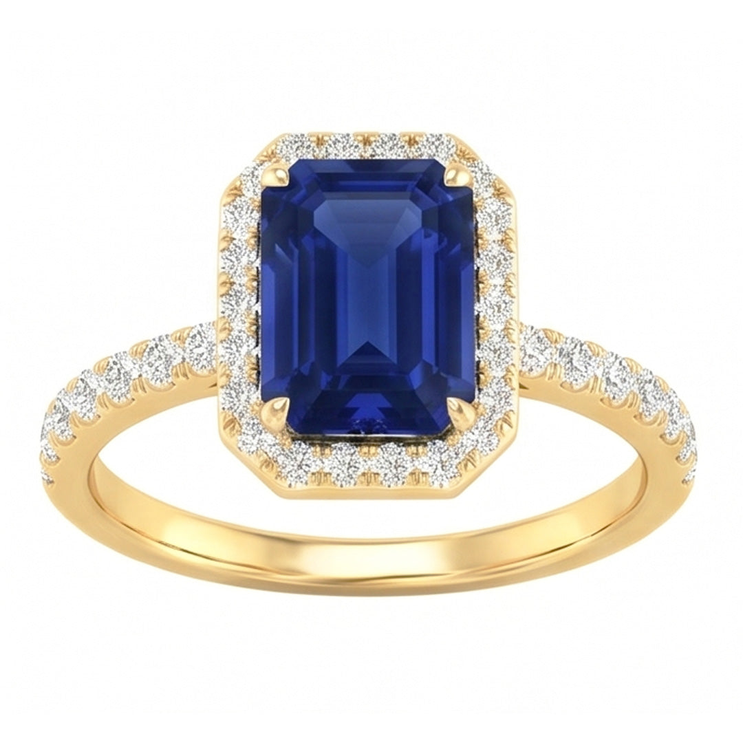 Natural Real ( Not Lab Grown )  Women's Halo Ring Emerald Cut Ceylon Sapphire With Accents 3.50 Carats